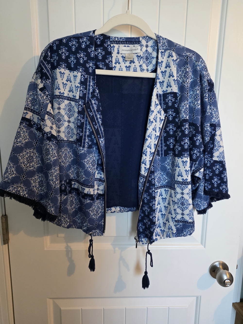 Christopher & Banks Navy and White Patchwork Zip-Front Crop Jacket